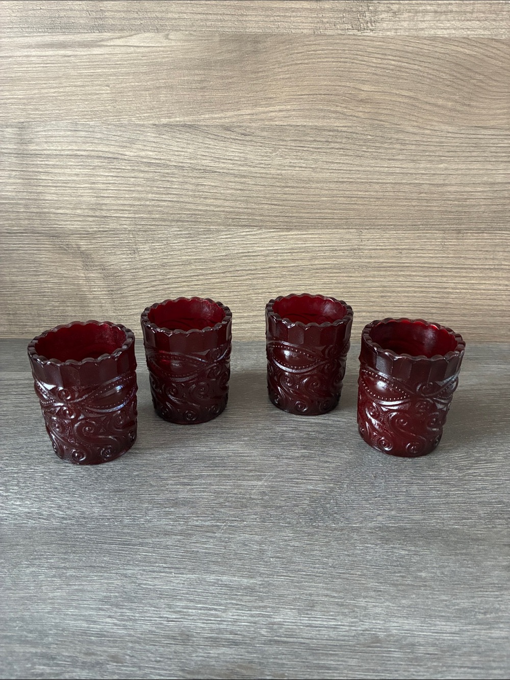 Mosser ruby red
Eyewinker votive holders - set of 4- vintage pressed glass